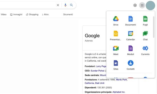 Interfaccia Google con app di produttività visibili.