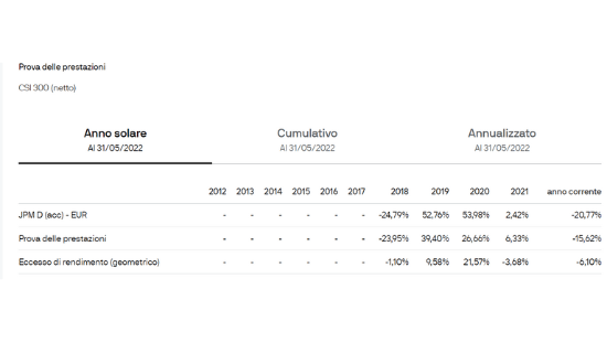 Tabella delle prestazioni finanziarie annuali e cumulative.