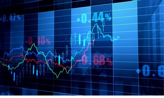 Grafici di borsa su schermo digitale blu.