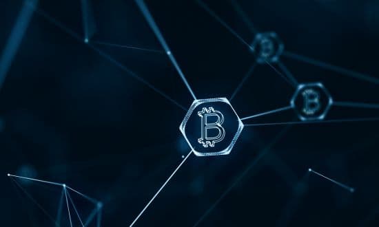 Rete blockchain Bitcoin tecnologia digitale criptovaluta finanza.