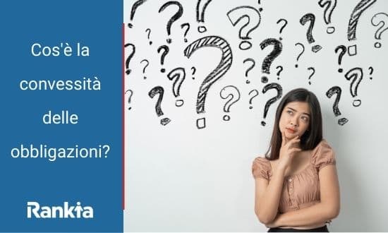 Donna pensierosa con punti interrogativi sullo sfondo.