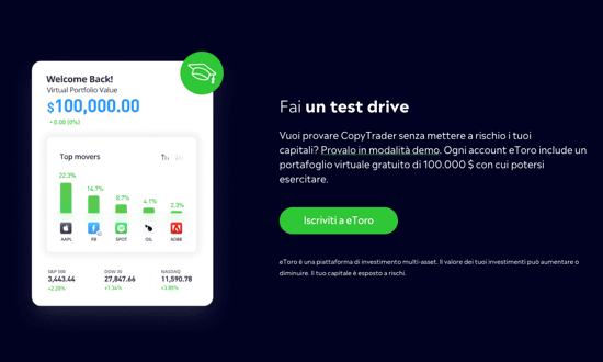 Prova demo gratuita eToro con portafoglio virtuale $100.000.