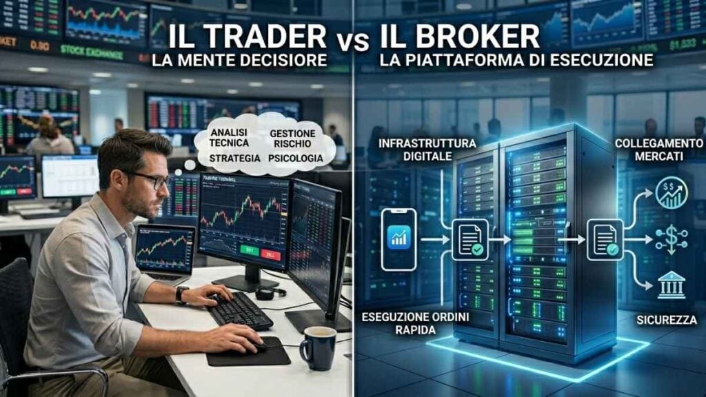 Differenza tra trader e broker: ruoli nei mercati finanziari.