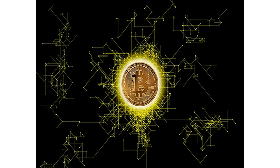 Bitcoin e rete blockchain su sfondo nero.