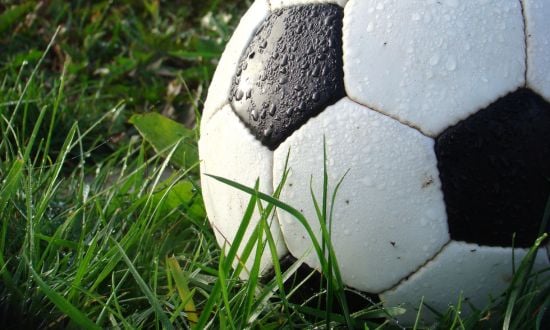 Pallone da calcio bagnato sull'erba verde.