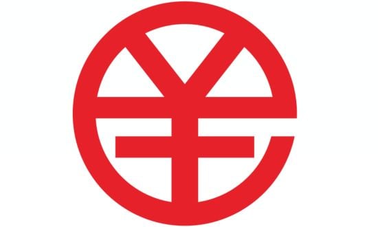 Logo rosso con simbolo circolare e linee geometriche.