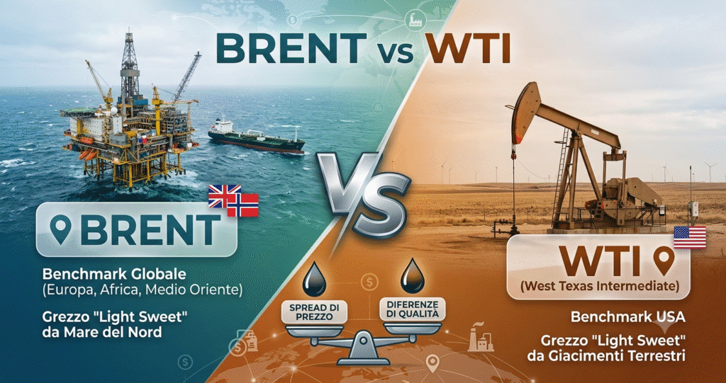 Grafica comparativa tra petrolio greggio Brent e West Texas Intermediate (WTI) con icone esplicative