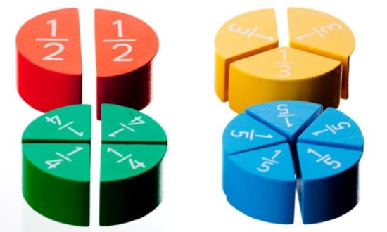 Frazioni colorate in legno per l'apprendimento matematico.