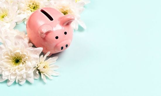 Salvadanaio rosa con fiori bianchi su sfondo azzurro.