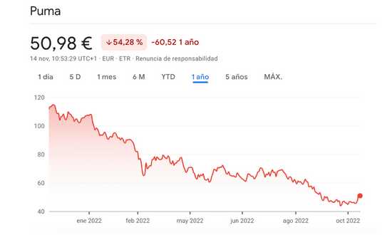 Grafico azioni Puma in calo nell'ultimo anno.