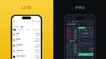 Interfaccia Binance: differenza tra modalità Lite e Pro