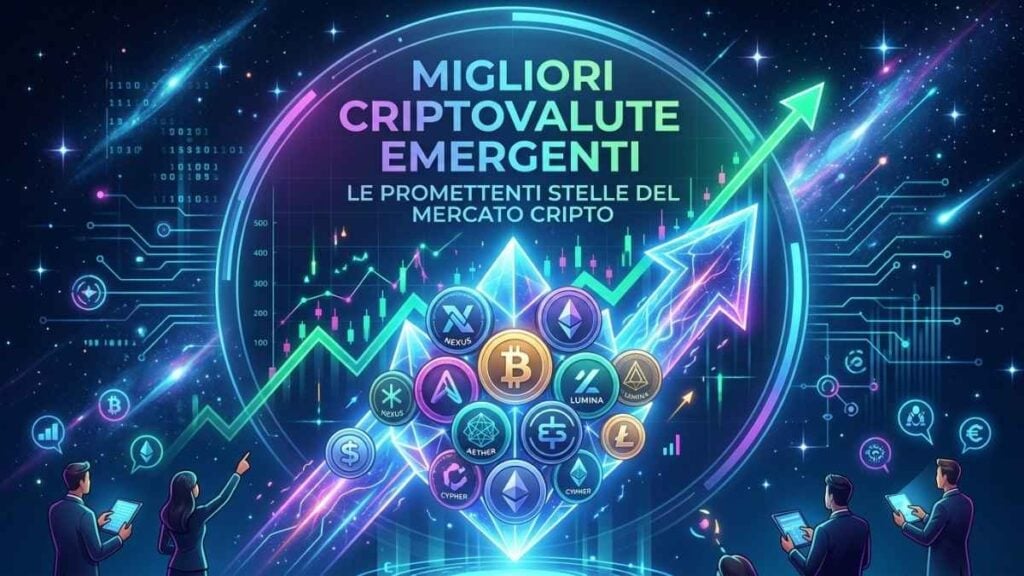 Grafica digitale in stile futuristico e cyberpunk nei toni del blu, neon e viola. Al centro spicca un grande cerchio luminoso con la scritta in italiano "MIGLIORI CRIPTOVALUTE EMERGENTI"