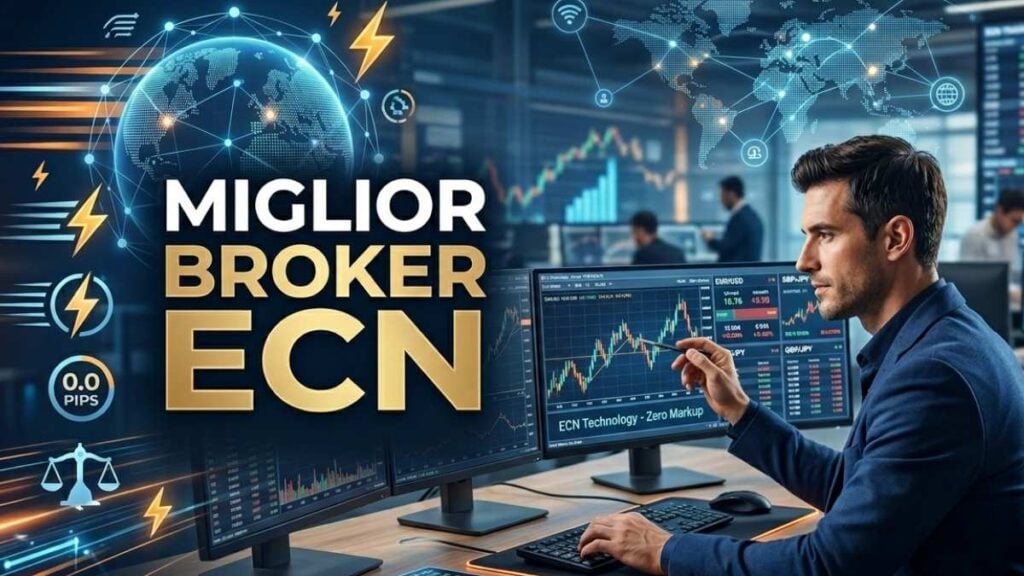 Postazione di trading professionale con schermi finanziari, un trader al lavoro e il testo in evidenza "MIGLIOR BROKER ECN" su sfondo blu e arancione