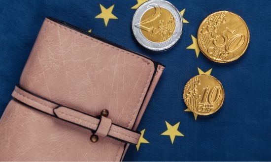 Portafoglio e monete su bandiera dell'Unione Europea.
