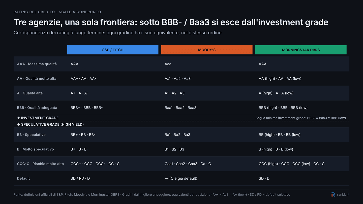 Confronto scale di rating S&P, Fitch, Moody's e Morningstar DBRS da investment grade a speculative grade