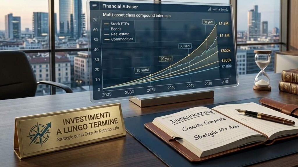 Scrivania in legno con taccuino aperto sulla strategia finanziaria, clessidra e monitor trasparente che mostra un grafico di rendimento composto a lungo termine