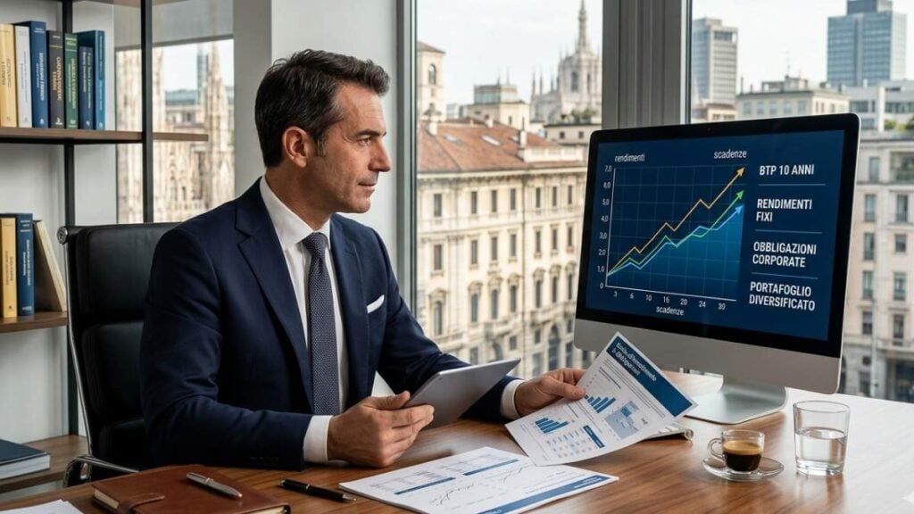 Consulente finanziario analizza grafici di rendimento e scadenze di obbligazioni e BTP sul computer in ufficio.