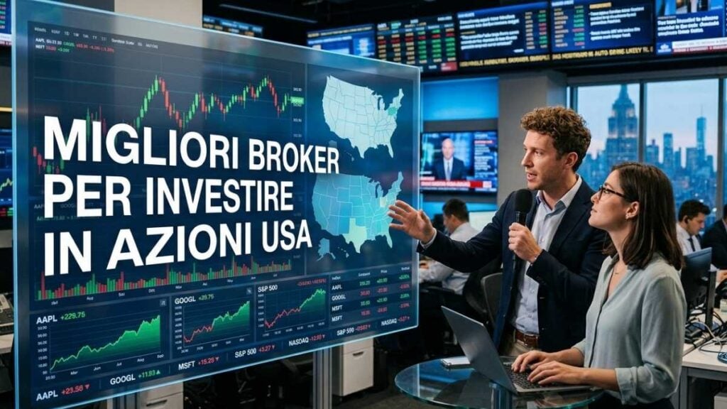 Analisti finanziari in una sala di borsa davanti a uno schermo con grafici azionari e la scritta "MIGLIORI BROKER PER INVESTIRE IN AZIONI USA".