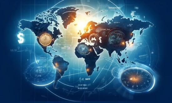 Mappa mondiale con orologi e simboli finanziari.