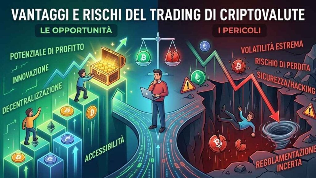 Illustrazione sui vantaggi e rischi del trading di criptovalute. A sinistra le opportunità con grafici in crescita (verde); a destra i pericoli con grafici in calo e instabilità (rosso)