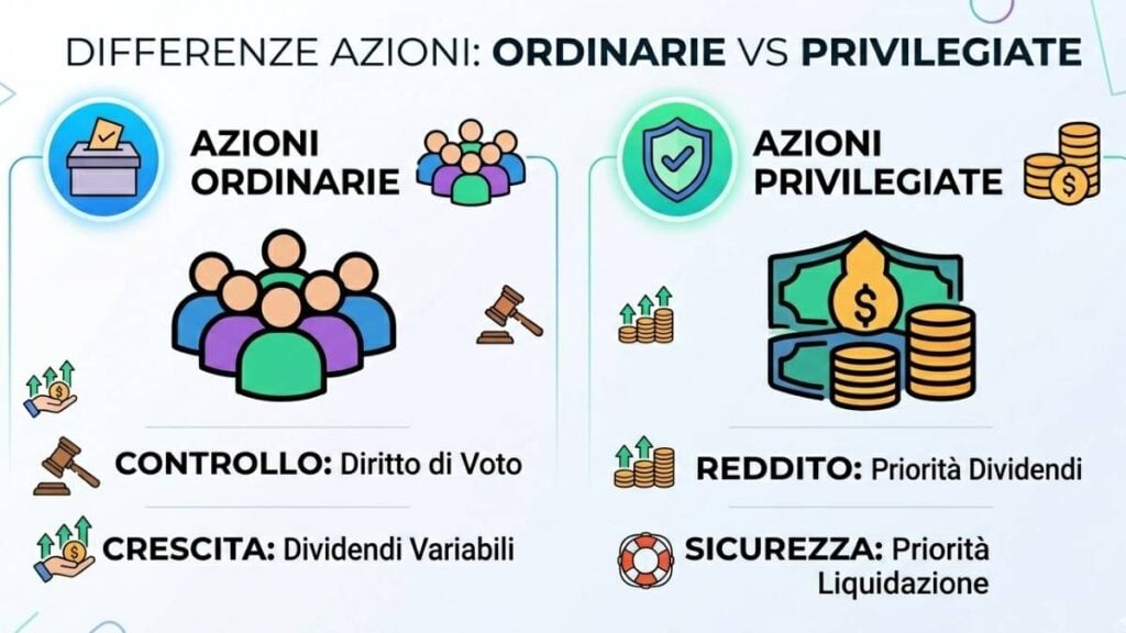 Infografica comparativa tra azioni ordinarie e privilegiate