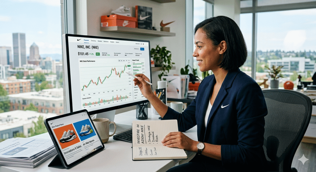Professionista in ufficio analizza il grafico azionario di Nike (NKE) sul monitor. Sulla scrivania tablet, appunti sugli investimenti e una tazza con logo Nike; sullo sfondo, l'iconico Swoosh è visibile su un grattacielo e sui prodotti del brand.
