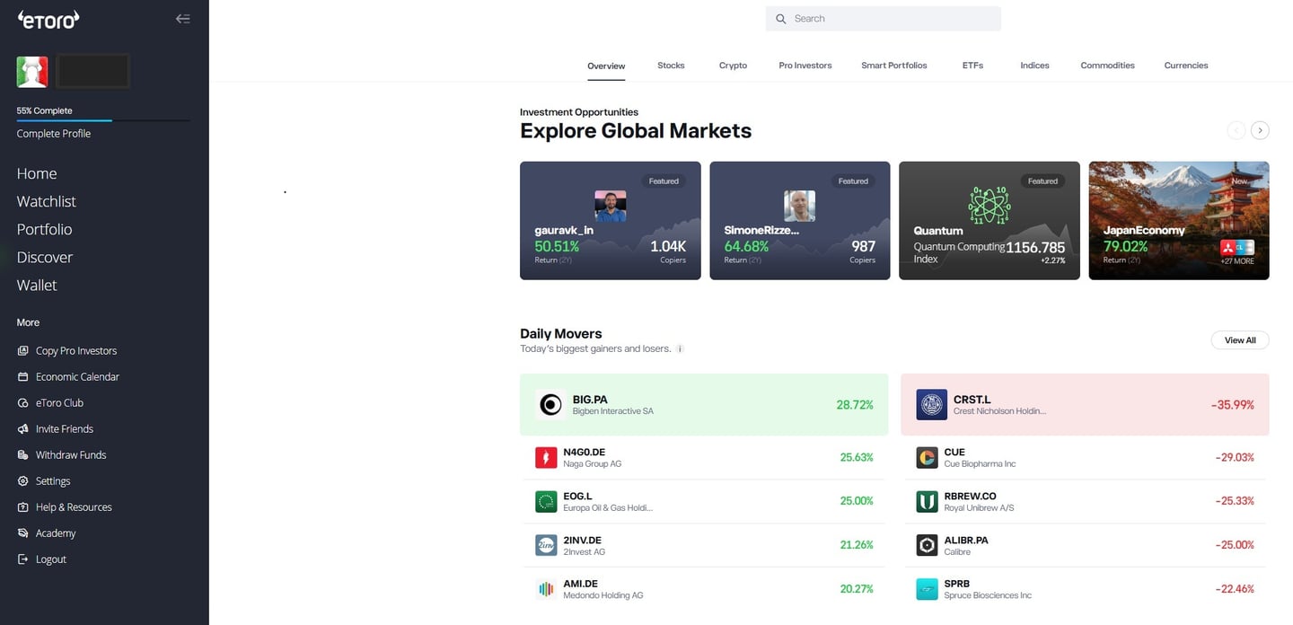 piattaforma etoro accesso ai prodotti