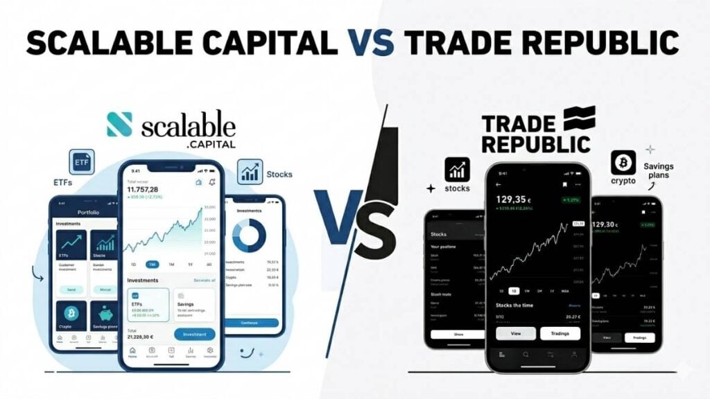 Confronto tra Scalable Capital e Trade Republic: schermate delle app di investimento su smartphone a confronto con grafici finanziari.