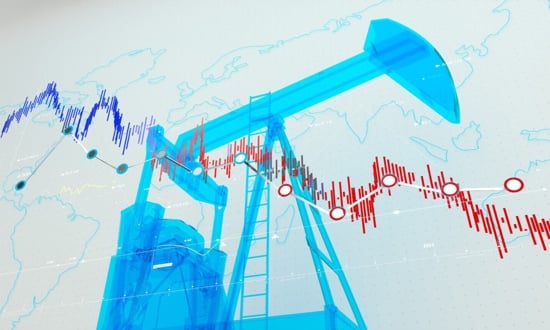 Grafico del mercato petrolifero con pompe e dati finanziari.