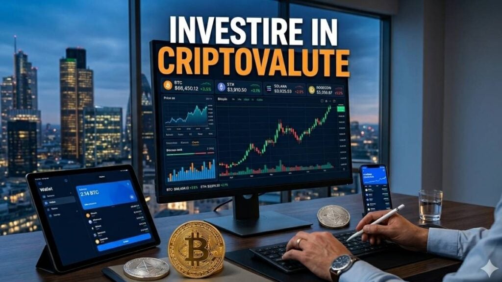 Schermo PC con grafici di trading online, wallet digitale e monete fisiche di Bitcoin ed Ethereum.
