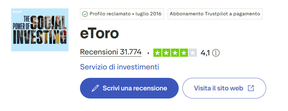 Opinioni su eToro con i punteggi Trustpilot.