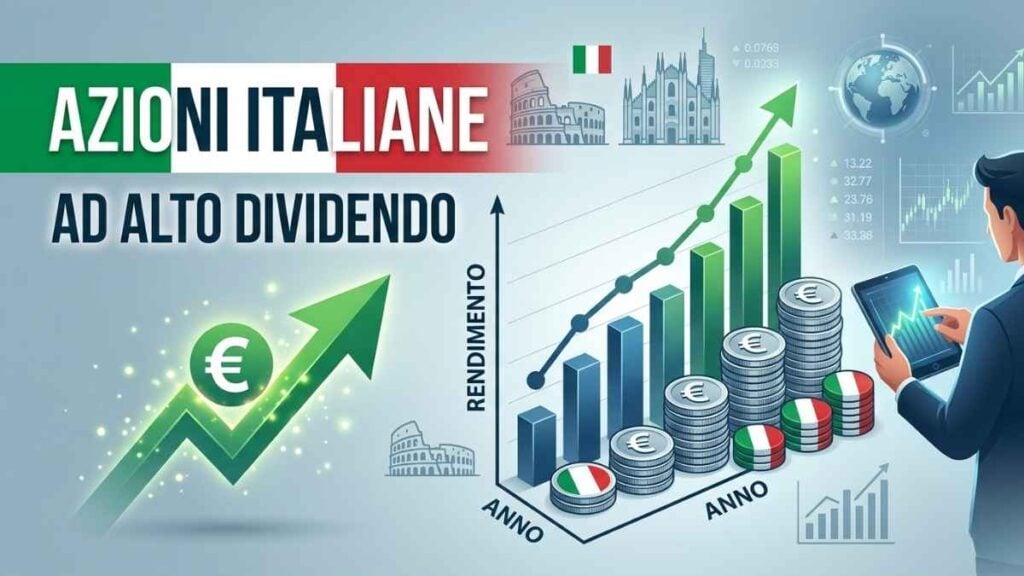 Grafico finanziario con crescita dei rendimenti e monete con bandiera italiana, testo "Azioni Italiane ad Alto Dividendo" e un investitore che consulta un tablet.
