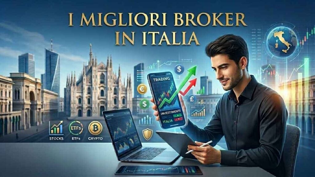 Copertina per articolo sui migliori broker in Italia con grafici finanziari e un trader.