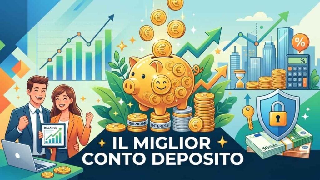 Grafica illustrata sul miglior conto deposito con salvadanaio dorato, grafici finanziari di crescita, elementi di sicurezza bancaria e la scritta "IL MIGLIOR CONTO DEPOSITO".