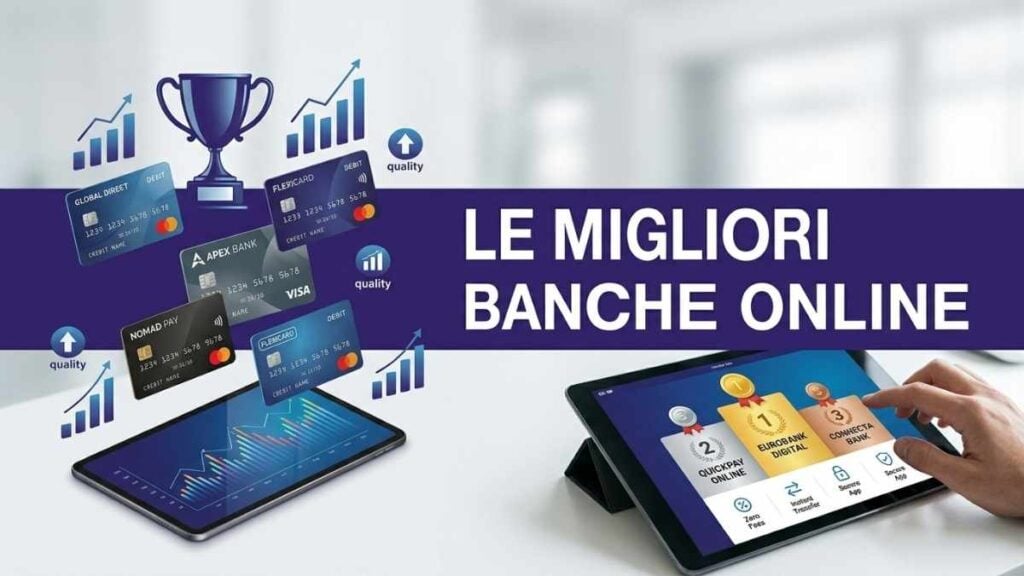 Carte di credito fluttuanti, grafici finanziari in crescita e tablet che mostrano un podio e statistiche di banking digitale.