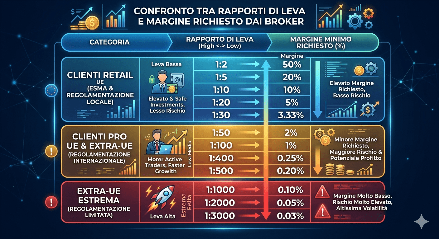 Infografia comparativa dei rapporti di leva e del margine richiesto dai broker