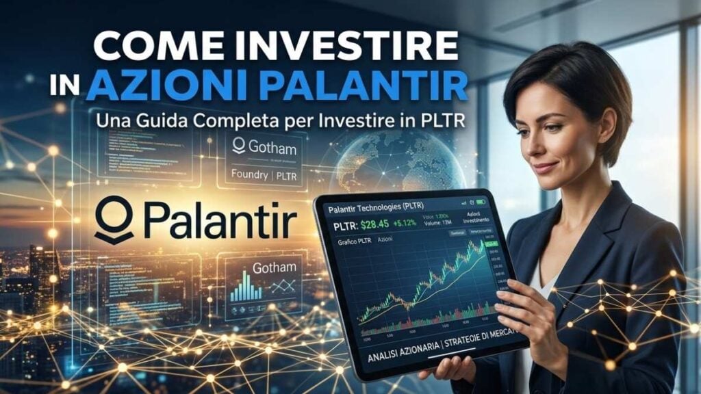 Una donna in abito aziendale sorride mentre guarda un tablet che mostra un grafico azionario in crescita di Palantir Technologies (PLTR)