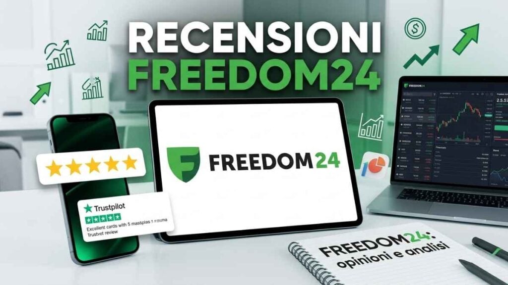 Immagine di copertina per recensioni Freedom24 con tablet, smartphone e computer che mostrano grafici finanziari e valutazioni a 5 stelle Trustpilot su sfondo verde e bianco.