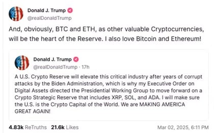 Trump annuncia riserva fondi Bitcoin