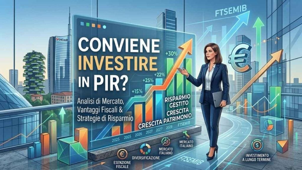 Una professionista in abito scuro indica un grande schermo digitale trasparente che mostra un grafico finanziario in crescita con proiezioni dal 2025 in poi.