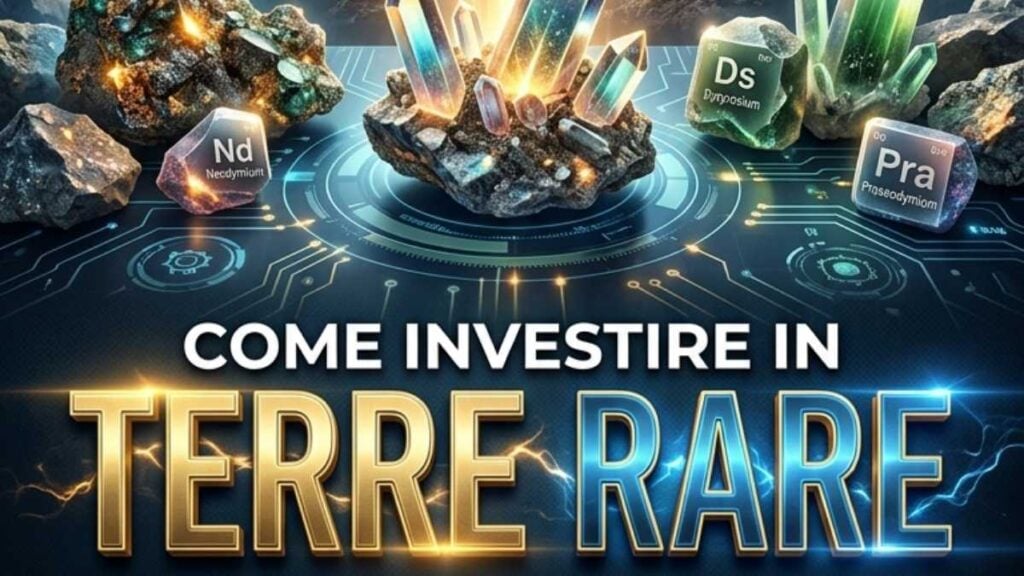 "Come investire in terre rare" con elementi finanziari, miniera estrattiva e simboli della transizione tecnologica