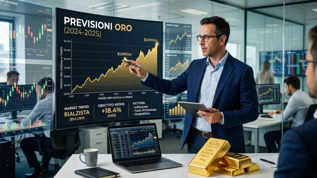 Un analista finanziario in un ufficio moderno indica un grande schermo digitale che mostra un grafico rialzista con le previsioni sul prezzo dell'oro.