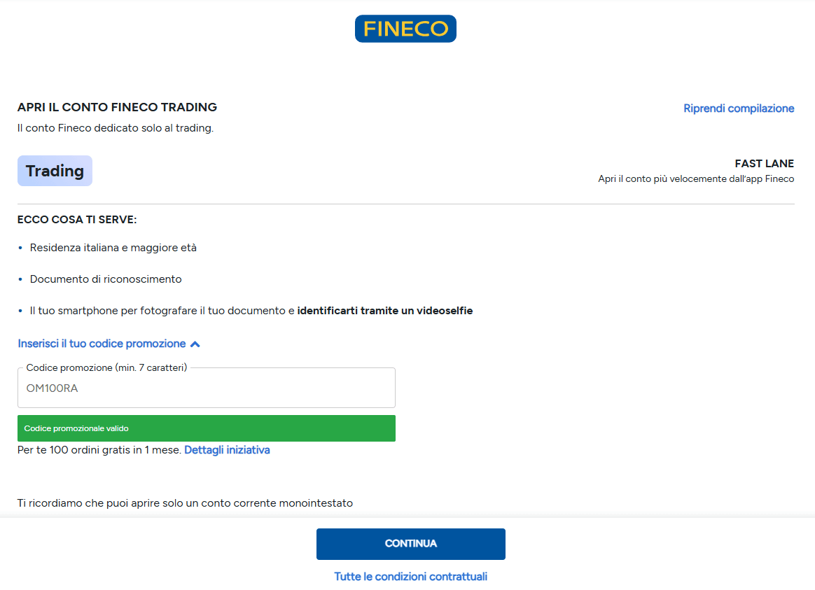 schermata apertura conto su fineco trading