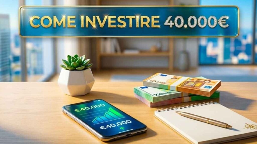 Copertina brillante per l'articolo 'Come investire 40.000€' con titolo dorato, smartphone con grafico finanziario in crescita, banconote in euro e taccuino su una scrivania luminosa