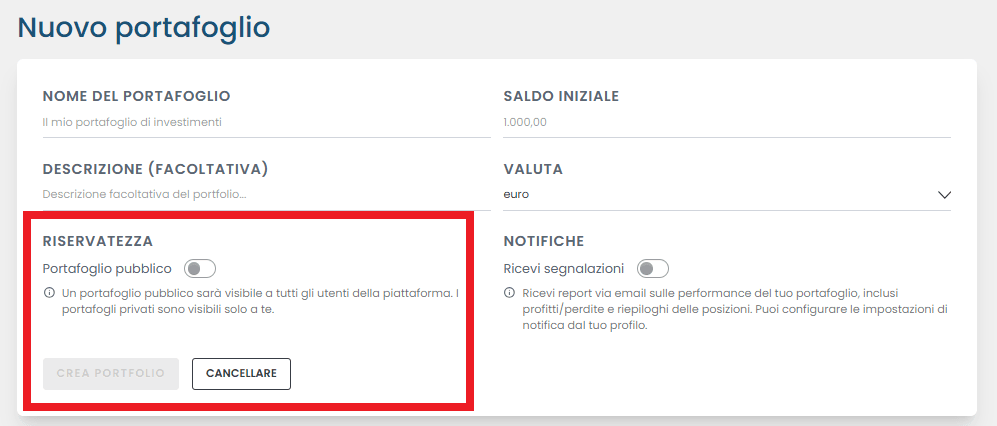Modifica privacy MyPortfolio Rankia