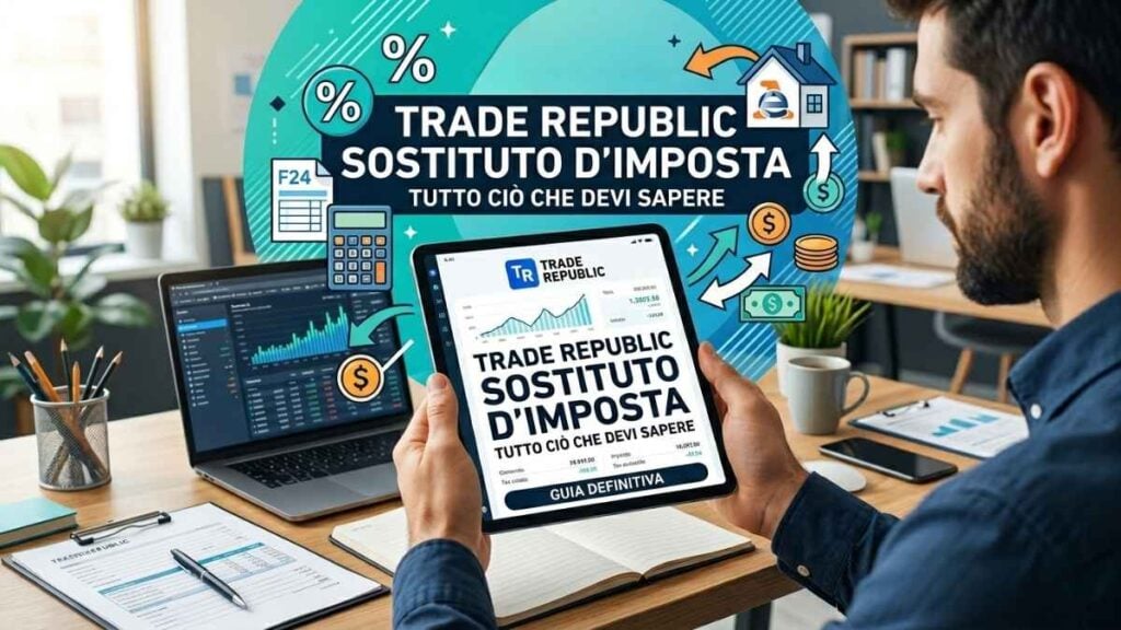 Un professionista nel suo ufficio mentre guarda un tablet che mostra la copertina di un articolo intitolato 'Trade Republic Sostituto d'Imposta: Tutto ciò che devi sapere