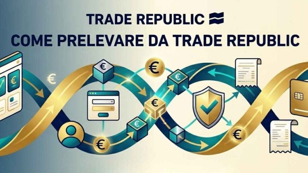 grafica concettuale a forma di infinito nei toni del blu, oro e verde acqua mostra il flusso digitale del denaro tra grafici finanziari, smartphone, carte di debito e icone dell'euro