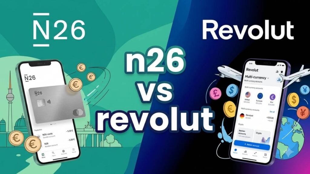 Confronto N26 vs Revolut: immagine di copertina con i loghi delle due banche online, carte di credito ed elementi grafici fintech su sfondo verde e blu