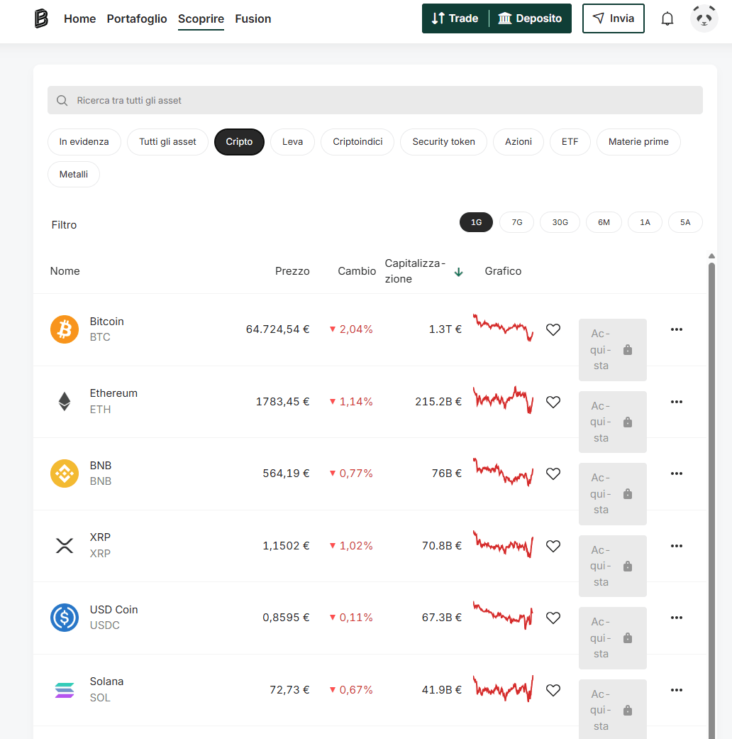 Interfaccia app Bitpanda: acquisto criptovalute