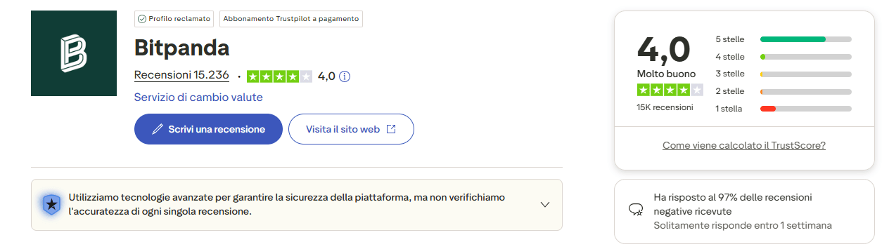 Recensioni Bitpanda su Trustpilot: valutazione utenti